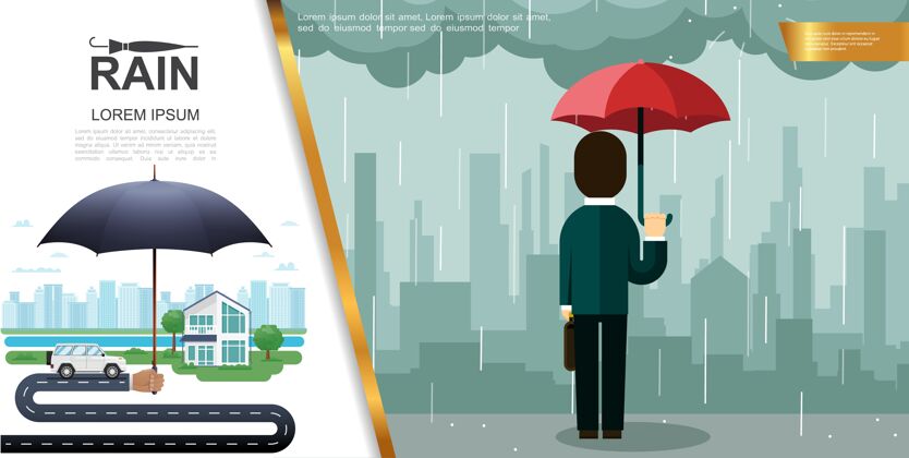 伞平雨缤纷的概念 男人撑着雨伞 站在雨中对着城市风景插画 人多彩立场