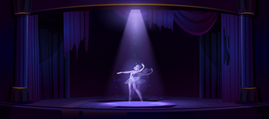 恐怖夜晚 幽灵芭蕾舞演员在旧剧场舞台上翩翩起舞在废弃的黑暗歌剧院中 聚光灯下的死去的女人精神的卡通插图歌剧剧院戏剧