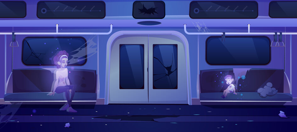垃圾地铁里的鬼魂 令人毛骨悚然的废弃地铁车厢内部 死去的妇女和孩子坐在破碎的座位上 周围都是垃圾通勤破碎死亡