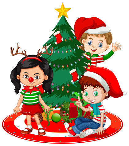 自然儿童穿圣诞服装卡通人物圣诞树白色背景寒冷表演动物