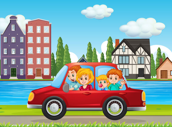车乘坐红色汽车在城市里旅行的快乐家庭生活旅程郊区