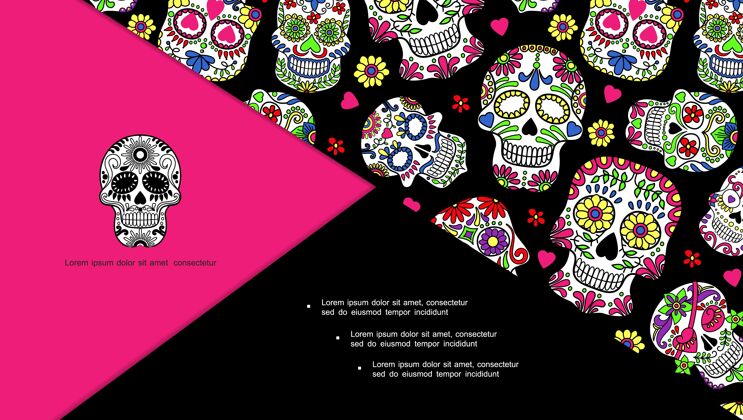 墨西哥墨西哥日的死亡组成与糖头骨与花卉装饰在手绘风格幻灯片 糖装饰品天