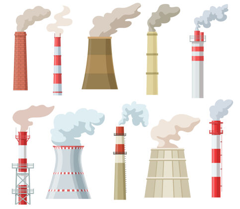 站五颜六色的工业烟囱与烟雾平套烟雾收集空气