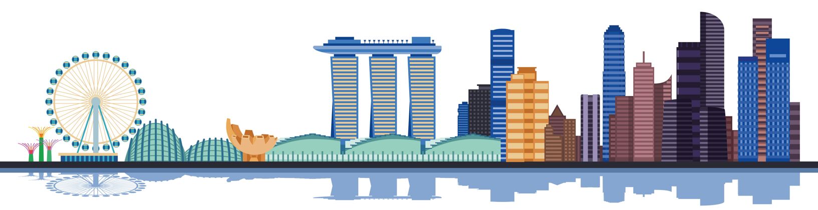 全景彩色新加坡城市天际线现代全景地标