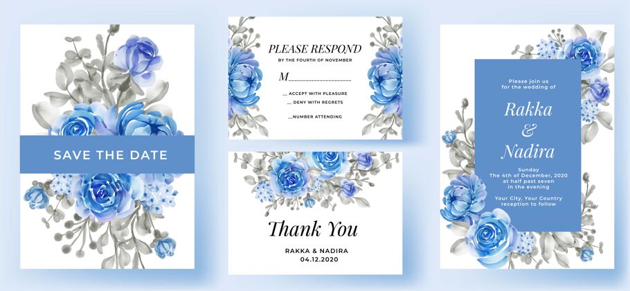 花环优雅的婚礼请柬套装蓝色花朵勃艮第庆典浪漫