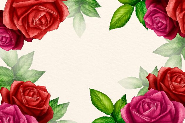 叶子水彩花卉背景与玫瑰开花自然墙纸