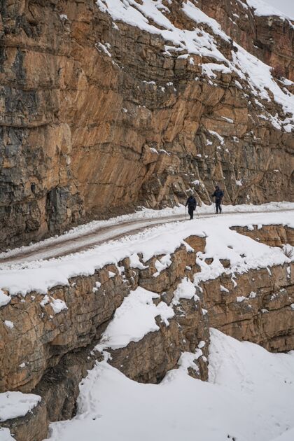 雪冬天在斯皮提山谷的徒步旅行者景观山明亮
