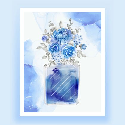 白色香水与花蓝色水彩插图春天开花时尚