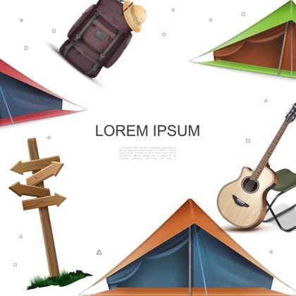 文字场所逼真的野营彩色模板与木制标牌原声吉他椅子帐篷背包木髓帽包帽子木头