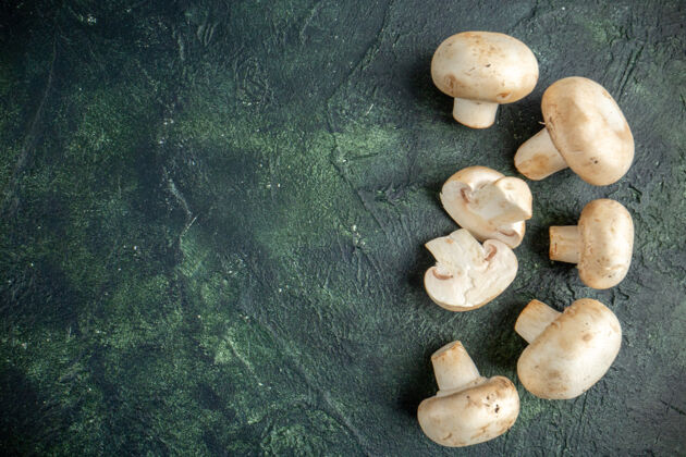 治疗顶视图新鲜蘑菇灰底植物树野菜蔬菜熟新鲜蘑菇顶部岩石
