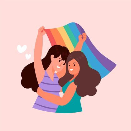 可爱可爱的女同性恋夫妇与同性恋者旗帜爱国旗同性恋