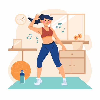 运动女人健身在家跳舞健身锻炼活动