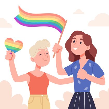 可爱可爱的女同性恋夫妇与lgbt旗帜插图插图家庭关系