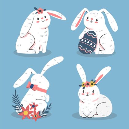 设置手绘复活节兔子系列复活节庆祝兔子
