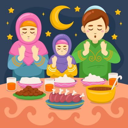 食物手绘开斋节插图与人伊斯兰斋月