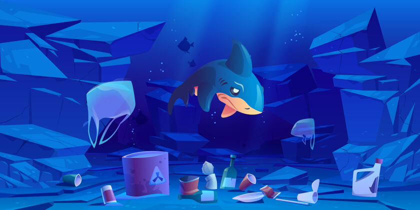 变化可悲的鲨鱼 漂浮在水下的塑料袋和垃圾动物气候全球