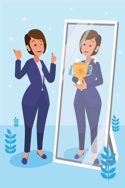 镜子快乐的企业女性作为vison的使命和庆祝 领导成功和事业进步的概念 平面插图专业人士商业董事