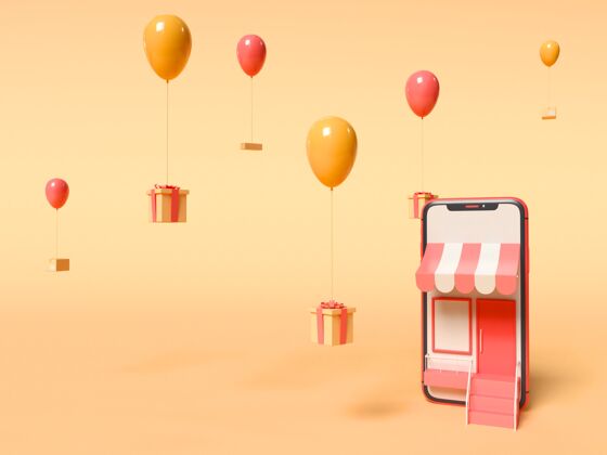 商店3d插图智能手机和礼品盒绑在气球上 同时漂浮在空中网上购物和提供服务的概念送货购买市场