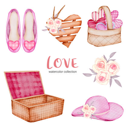 收藏套大孤立的水彩情人节概念元素可爱浪漫的红粉心形装饰 插画丝带对象玩具