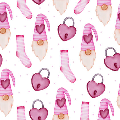 袜子水彩无缝图案的爱情概念 孤立的水彩情人节概念元素可爱浪漫的红粉心形装饰 插画天情人节感情
