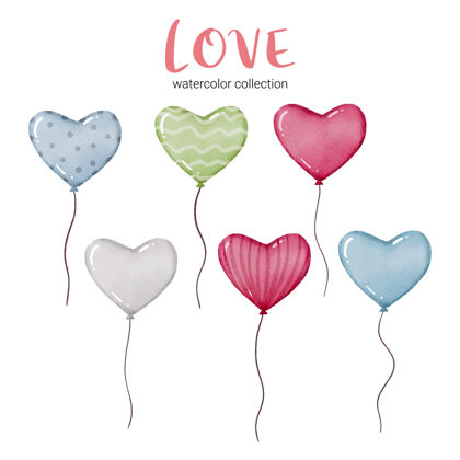 周年纪念水彩贺卡以飞扬的气球为心形和不同的质地 情人节概念元素可爱浪漫的红粉心形为装饰 插画爱情形状装饰品