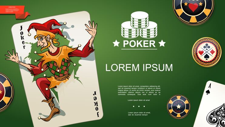 卡片现实扑克模板与小丑和黑桃王牌扑克和筹码的绿色赌场表背景背景黑桃赌场