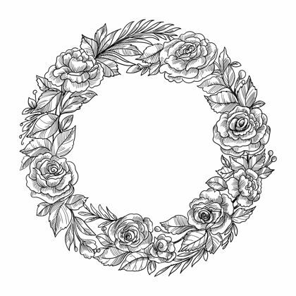 框架美丽的婚礼圆形花框素描设计开花美丽花环