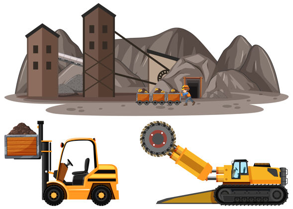 采矿煤矿现场有不同类型的建筑卡车绘图时间日出