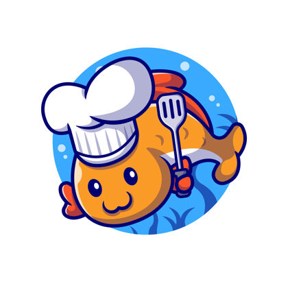 鱼翅可爱的鱼厨师用抹刀卡通插图动物专业概念隔离平面卡通风格人物糕点开胃菜