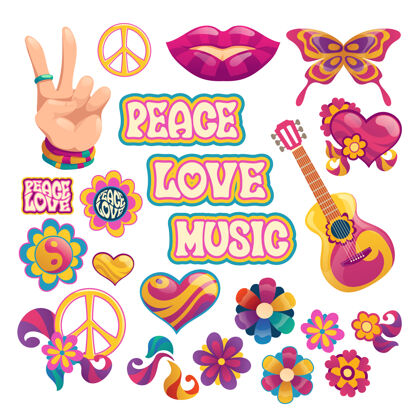 波西米亚嬉皮元素与和平 爱和音乐刻字装饰时髦自由