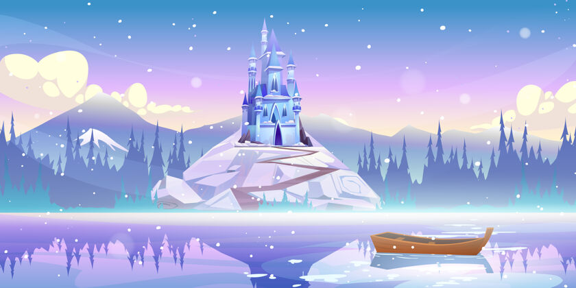 风景山顶上的魔幻城堡 码头上的小舟 在冬天飘雪的日子浮在水面上岩石码头建筑物