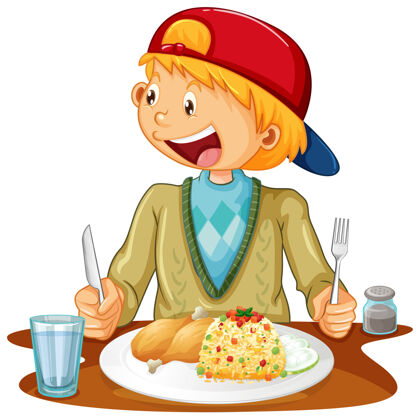 动作一个男孩在白色背景的桌子上吃饭系列童年生活