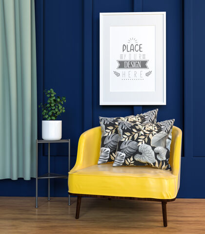 花客厅模型中的海报框架现代室内家具生活