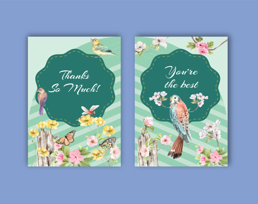 请柬感谢卡模板集鸟与春的概念谢谢你美丽符号