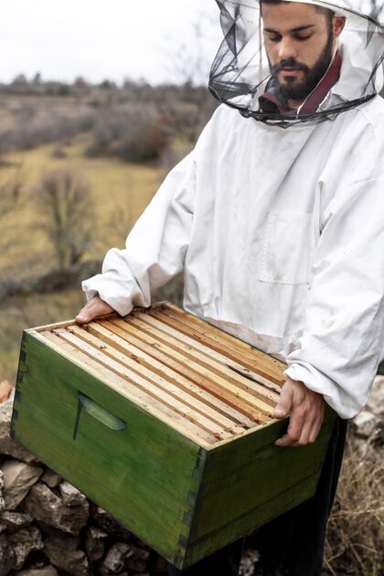 蜂巢特写穿防护服的男人蜜蜂生活方式特写