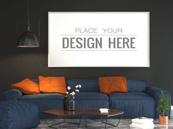 家具客厅模型中的海报框架地板灰色墙