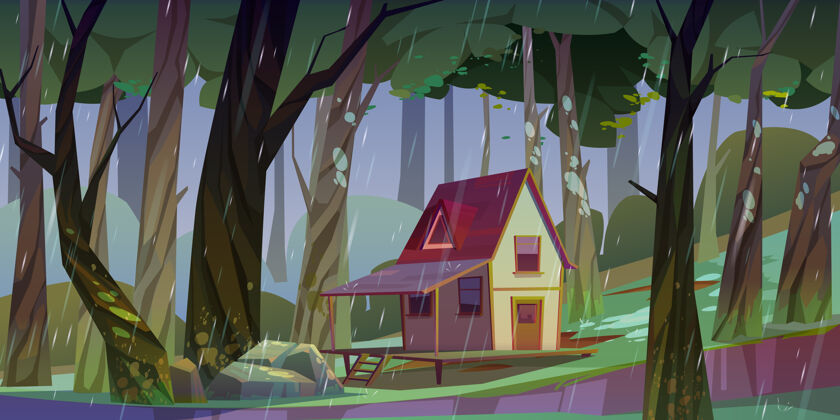 Ui雨天夏日森林里的木制高跷屋棚屋下雨露台