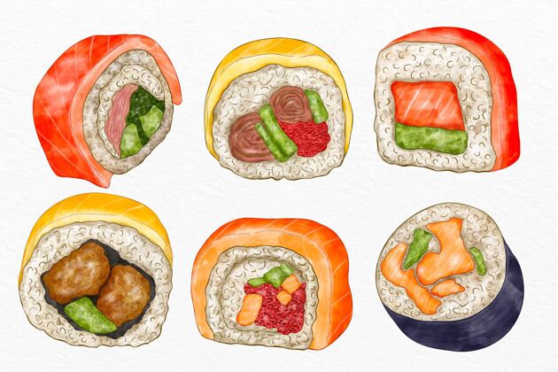 食品收藏手绘寿司鱼水彩画寿司