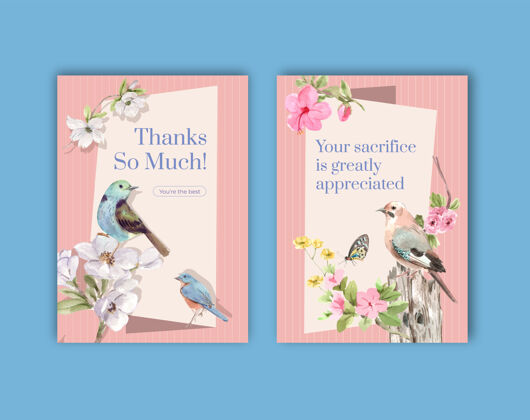 花感谢卡模板集鸟与春的概念花可爱绘画