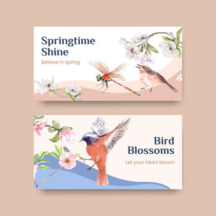 春天为社会媒体和社区水彩插画与春天和鸟的概念设计模板水彩营销树木