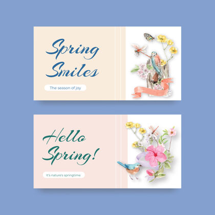 模板为社会媒体和社区水彩插画与春天和鸟的概念设计模板花卉开花春天