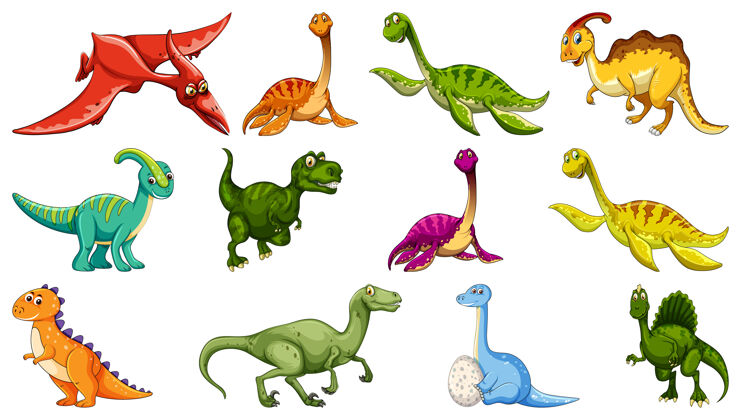 动物一组不同的恐龙卡通人物隔离在白色背景上卡通收藏食肉动物