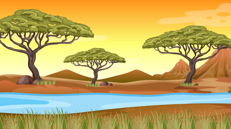 风景非洲森林景观背景环境卡通日落