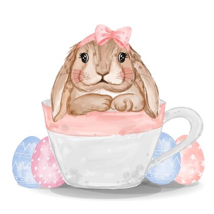 浪漫粉色和蓝色蛋的水彩画兔子绘画水彩画插图兔子耳朵