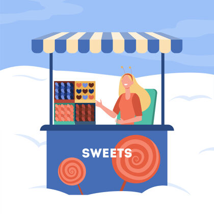 棒棒糖从摊位卖糖果的女人手推车 售货亭 糖果 棒棒糖卡通插画食品商业售货亭
