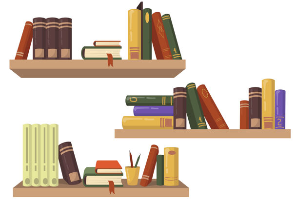 封面三个木制书架和各种书籍平面设置网页设计家具不同的教科书