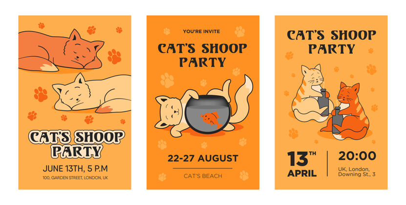 卡片创意猫党邀请模板集现代乐器音乐会邀请与乐器事件动物卡通