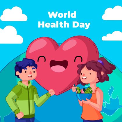 世界健康日手绘世界卫生日插图与人们吃沙拉和心世界健康日医疗保健世界健康