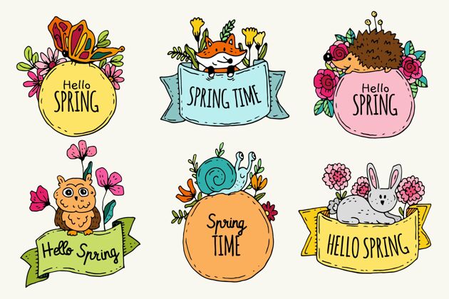 品种手绘春季徽章系列春季标签自然植物