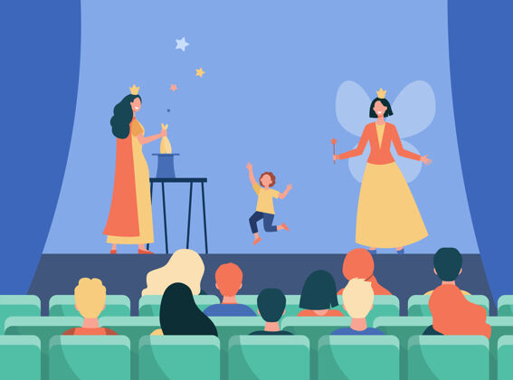 女孩快乐的动画师在舞台上为孩子们表演魔术 仙女 服装平面插图卡通插图孩子场景网站